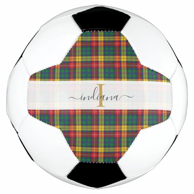 Monogram Script Name Plaid Clan Buchanan Tartan Soccer Ball (Front)