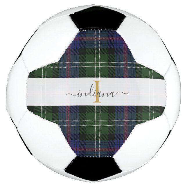 Monogram Script Name Plaid Rustic Tartan Soccer Ball (Front)