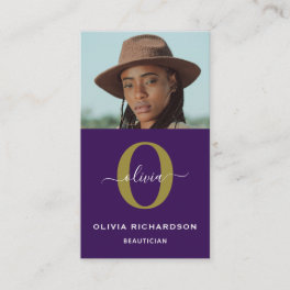 Monogram Script Name Purple White Gold Vertical Business Card