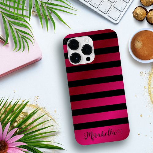 Monogram Script Name Stripes Pink and Black Case_Mate iPhone 14 Pro Max Case