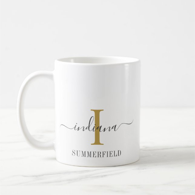 Monogram Script Name Stylish Gold Gray Minimalist Coffee Mug (Left)