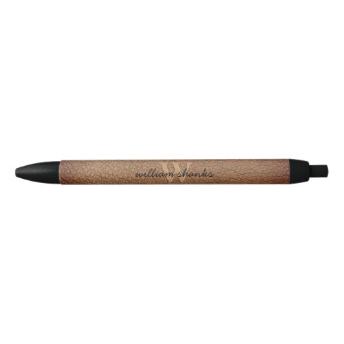 Monogram script name Stylish rustic brown leather Black Ink Pen