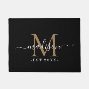 Monogram Script Names Chic Gold Wedding Date Black Doormat