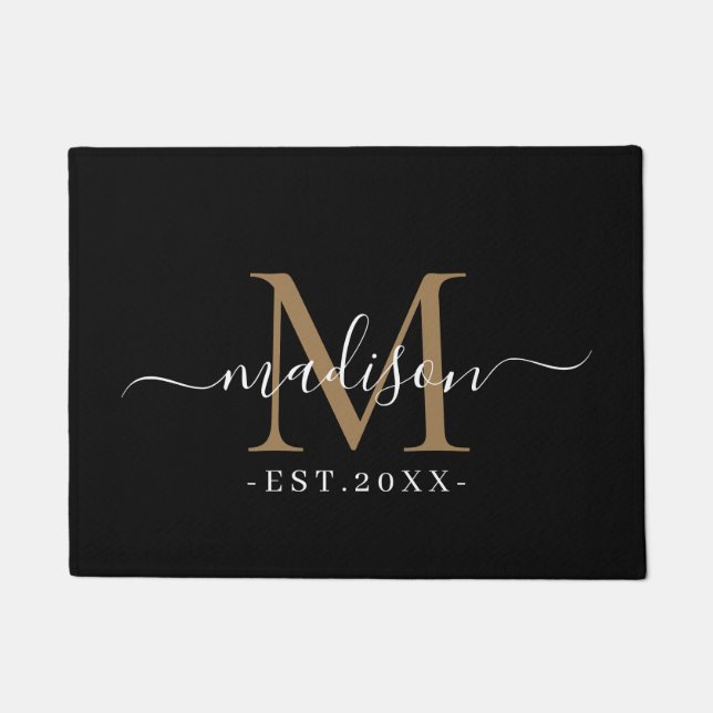 Monogram Script Names Chic Gold Wedding Date Black Doormat (Front)