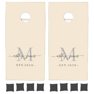Monogram Script Names Newlywed Ivory Cornhole Set