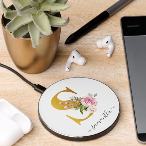 Monogram Script Pink Floral Greenery Personalized Wireless Charger