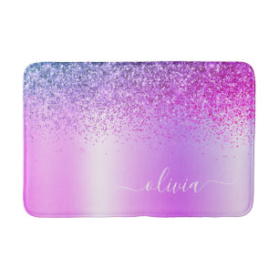 Monogram Script Purple Glitter Girly Name Bath Mat