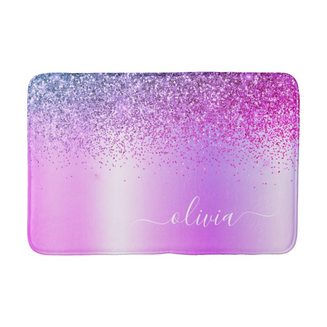 Monogram Script Purple Glitter Girly Name Bath Mat (Front)