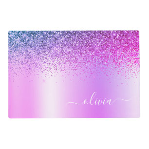 Monogram Script Purple Glitter Girly Name Placemat