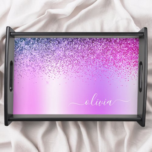 Monogram Script Purple Glitter Girly Name Serving Tray