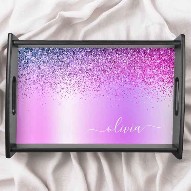 Monogram Script Purple Glitter Girly Name Serving Tray (Creator Uploaded)