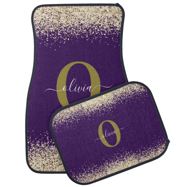 Monogram Script Purple White Gold Faux Glitter Car Floor Mat (Set)