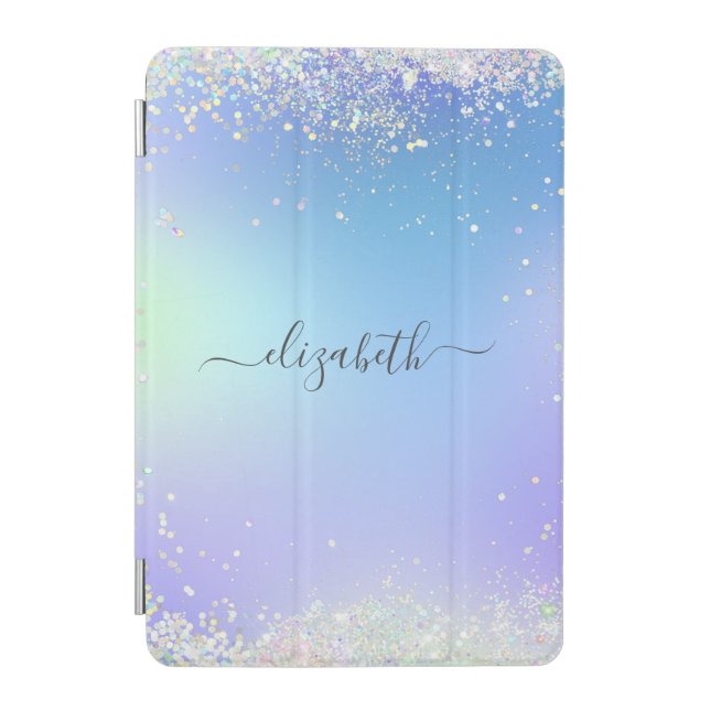 Monogram Script Rainbow Glitter Blue Purple iPad Mini Cover (Front)