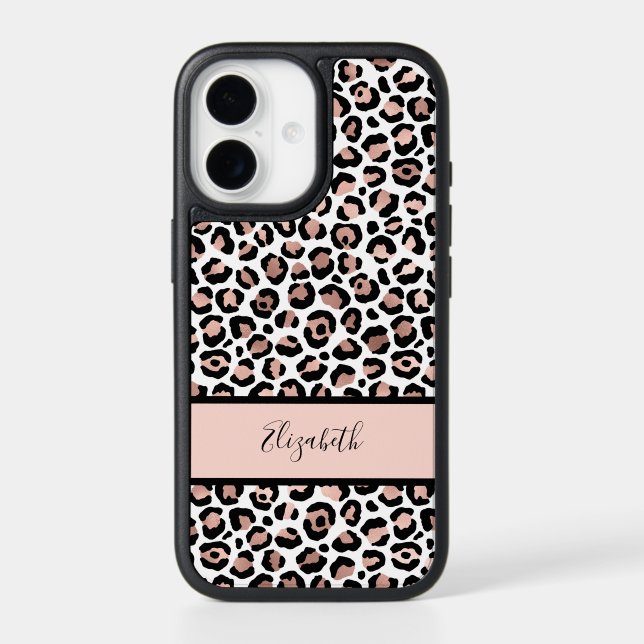 Monogram Script Rose Gold Black Leopard Print Otterbox iPhone Case (Back)