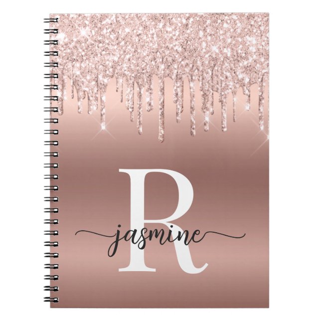 Monogram Script Rose Gold Metal Glitter Drips Notebook (Front)