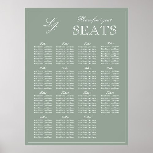 Monogram Script Sage Green Modern Wedding Seat Poster