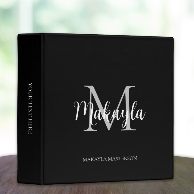 Monogram Script School Office Black 3 Ring Binder (Creator Uploaded)