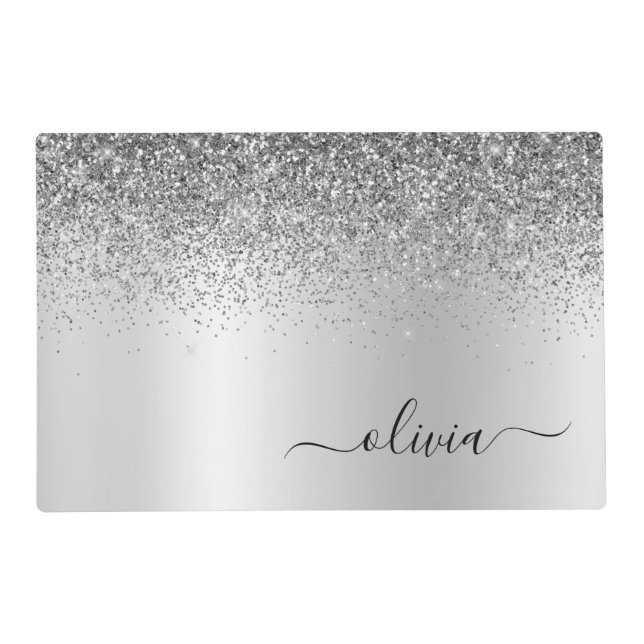 Monogram Script Silver Glitter Girly Name Placemat (Front)