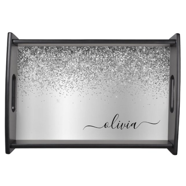 Monogram Script Silver Glitter Girly Name Serving Tray (Front)