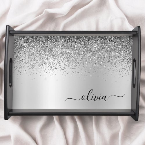 Monogram Script Silver Glitter Girly Name Serving Tray