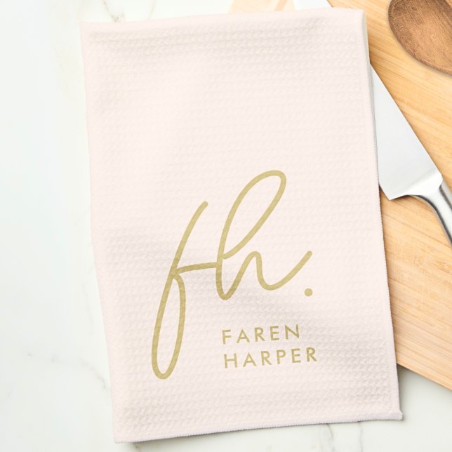 Monogram Script Simple Minimal Elegant Blush Gold Kitchen Towel (Creator Uploaded)