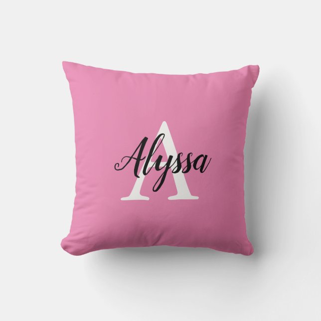 Monogram Script Stylish Pink Throw Pillow (Front)