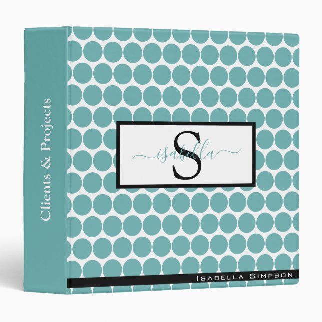 Monogram Script Teal Black Pattern 3 Ring Binder (Front/Spine)