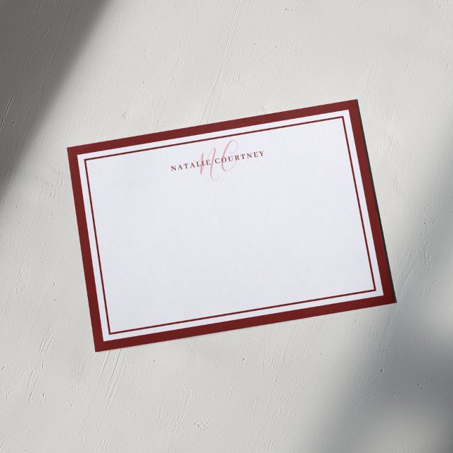 Monogram Script Two Border Elegant Minimalist Red Note Card (Creator Uploaded)
