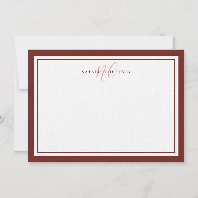 Monogram Script Two Border Elegant Simple Brown Note Card (Front)