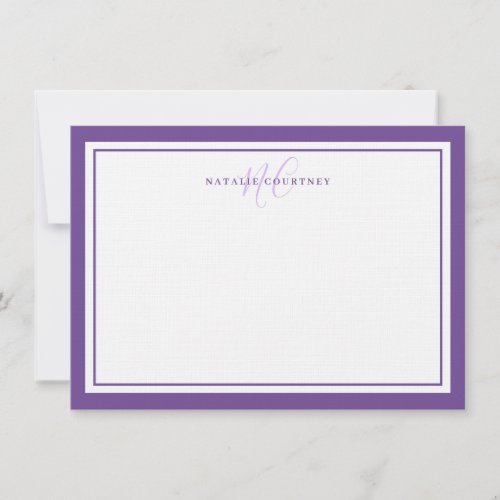 Monogram Script Two Border Elegant Simple Purple Note Card