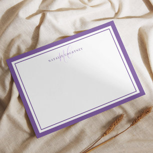 Monogram Script Two Border Elegant Simple Purple Note Card