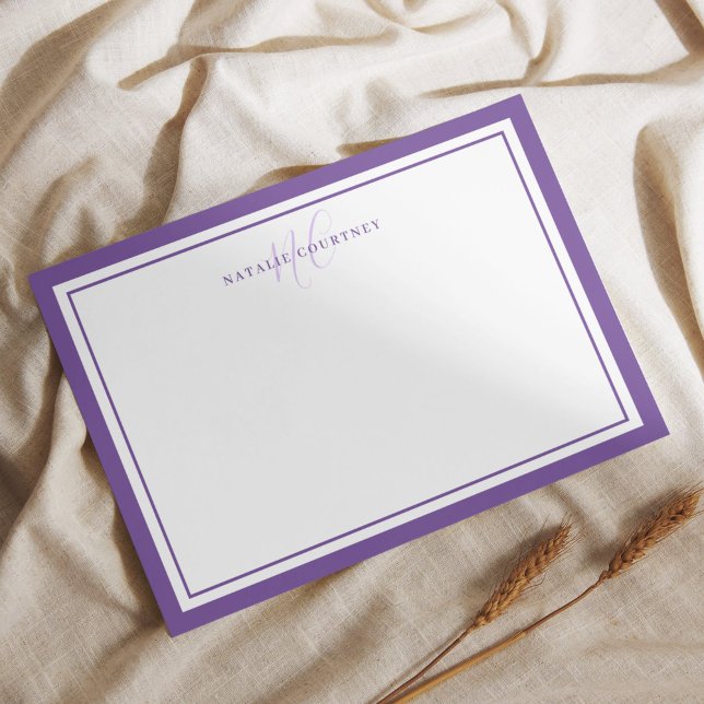 Monogram Script Two Border Elegant Simple Purple Note Card (Creator Uploaded)