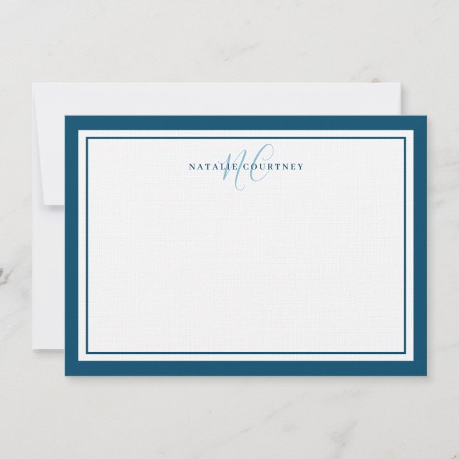 Monogram Script Two Border Elegant Simple Teal Note Card (Front)