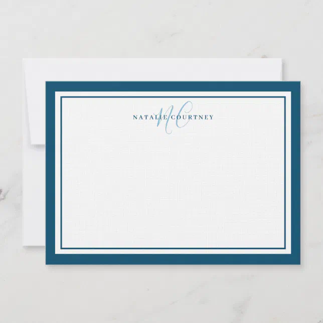 Monogram Script Two Border Elegant Simple Teal Note Card | Zazzle