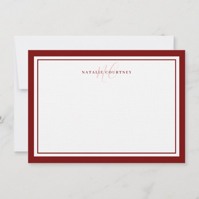 Monogram Script Two Border Minimalist Maroon Red Note Card (Front)