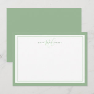 Monogram Script Two Border Minimalist Sage Green Note Card