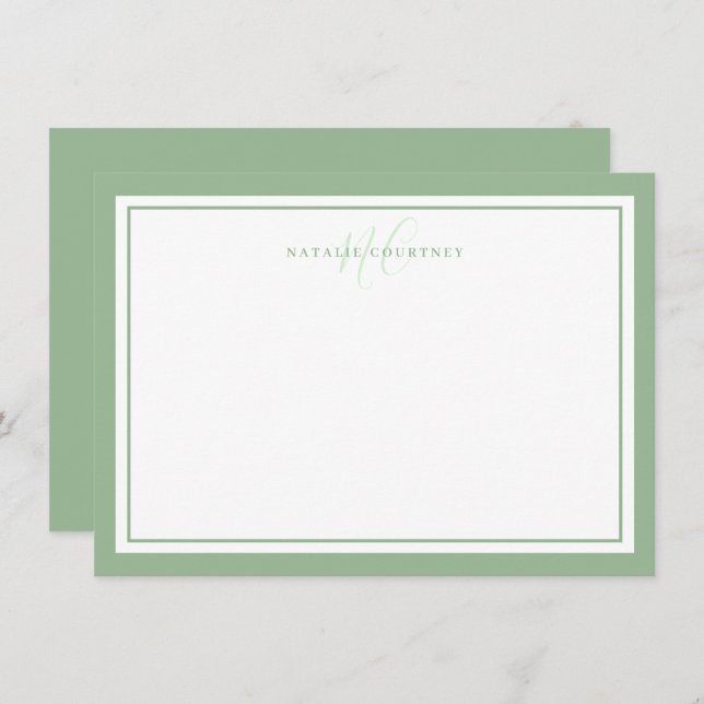 Monogram Script Two Border Minimalist Sage Green Note Card (Front/Back)