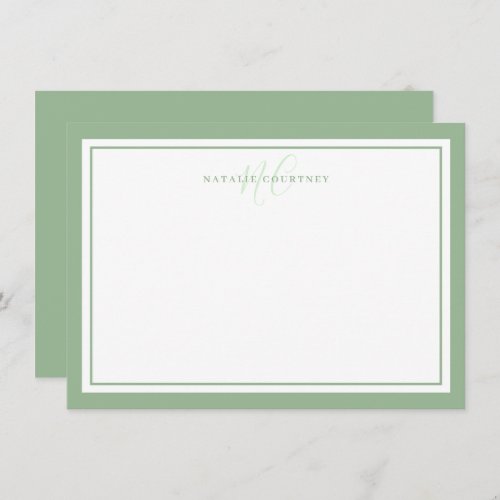 Monogram Script Two Border Minimalist Sage Green Note Card