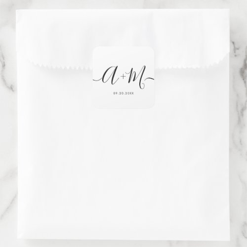 Monogram Script Wedding date Minimalist Custom Square Sticker