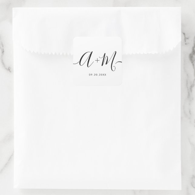 Monogram Script Wedding date Minimalist Custom Square Sticker (Bag)