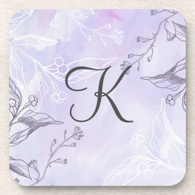 Monogram Script White Gray Purple Floral  Beverage Coaster (Front)