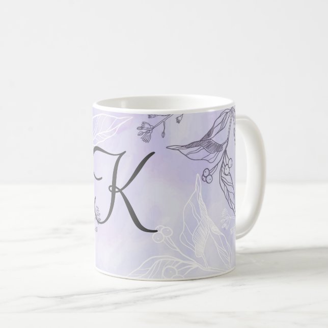 Monogram Script White Gray Purple Floral  Coffee Mug (Front Right)