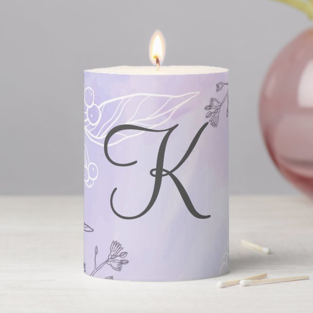 Monogram Script White Gray Purple Floral  Pillar Candle (In Situ)