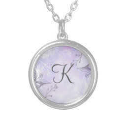 Monogram Script White Gray Purple Floral  Silver Plated Necklace