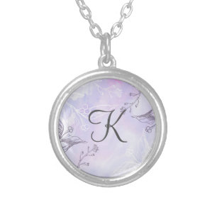 Monogram Script White Gray Purple Floral Silver Plated Necklace
