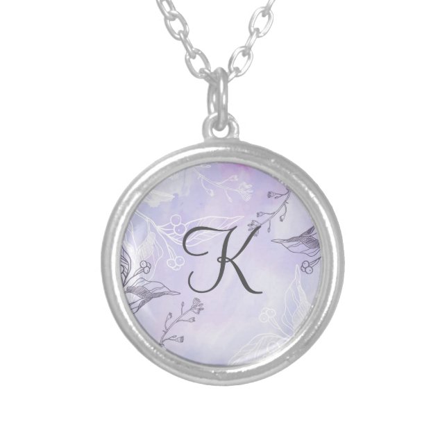 Monogram Script White Gray Purple Floral  Silver Plated Necklace (Front)