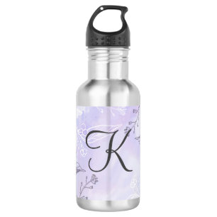 Monogram Script White Gray Purple Floral  Stainless Steel Water Bottle