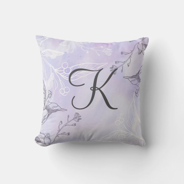 Monogram Script White Gray Purple Floral Throw Pillow (Front)
