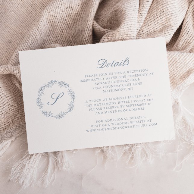 Monogram Script Wreath Dusty Blue Wedding Details Enclosure Card (Creator Uploaded)