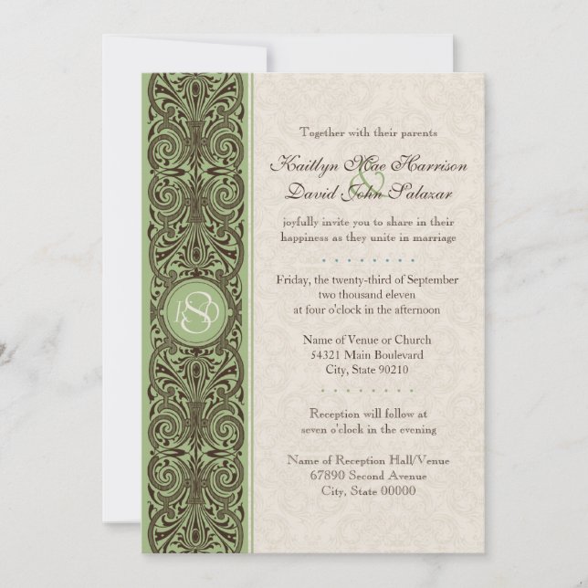 Monogram Scroll Border (Brown, Sage & Cream) Invitation (Front)